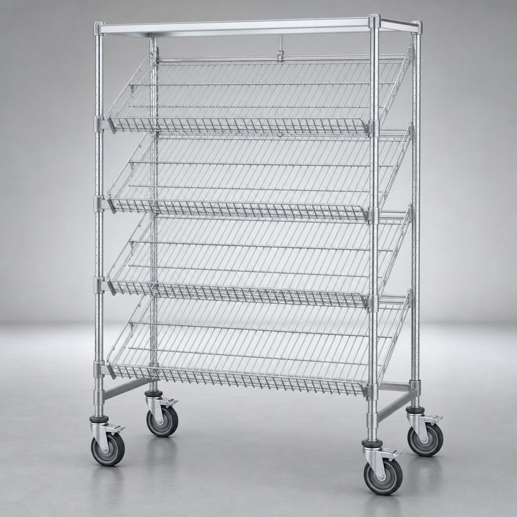 Product image #4 for Metro Super Erecta Adjustable 5-Shelf Slanted-Shelf Merchandiser/Dispenser Rack, 48 x 18 x 70 Inches, Open Wire, Locking Casters