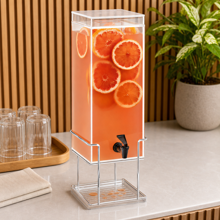 Product image #4 for Cal-Mil Mid-Century 3 Gallon Square Beverage Dispenser with Infusion Chamber, Drip Tray, and Chrome Wire Base