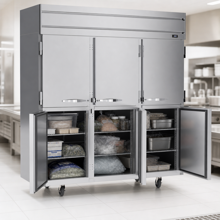 Product image #4 for Beverage-Air Horizon Series Three-Section Reach-In Freezer with Half Solid Doors, 69.1 Cu. Ft., Top-Mounted Self-Contained