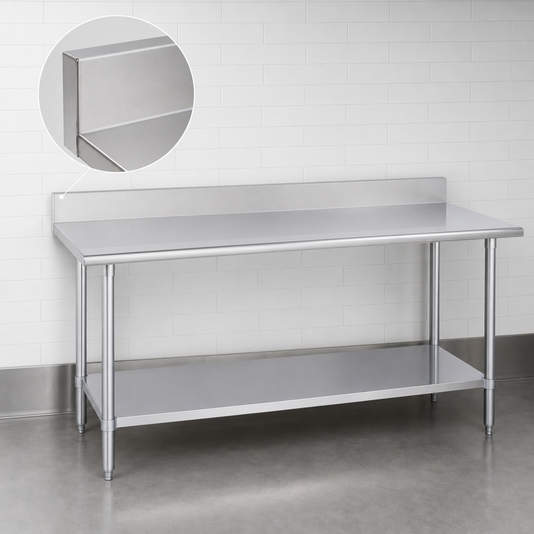 Product image #4 for Duke 108-Inch x 24-Inch 16-Gauge 400-Series Stainless Steel Work Table with 5-Inch Riser and Undershelf