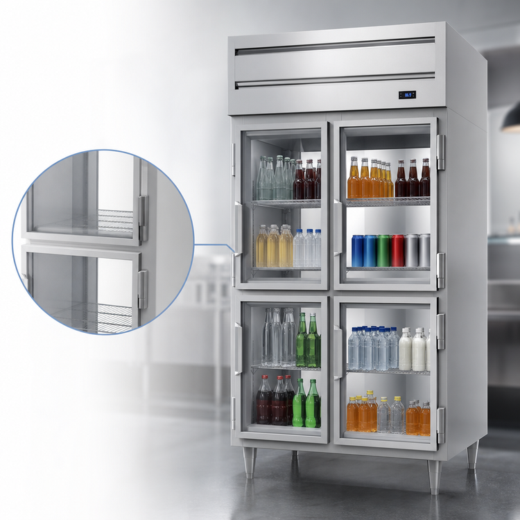 Product image #4 for Beverage-Air P-Series One-Section Pass-Thru Refrigerator with 4 Half-Glass Doors, Top-Mounted Self-Contained Refrigeration