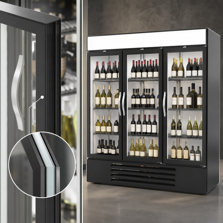 Product image #5 for Beverage-Air MarketMax 3-Section Reach-In Wine Merchandiser, 3 Double-Pane Hinged Glass Doors, Bottom-Mount, Black, 70.19 Cu. Ft.