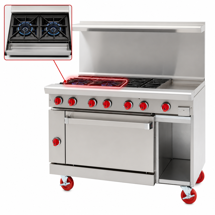 Product image #4 for American Range 48-Inch Gas Restaurant Range with 36-Inch Griddle, Two Open Burners, Convection Oven, and Storage Base