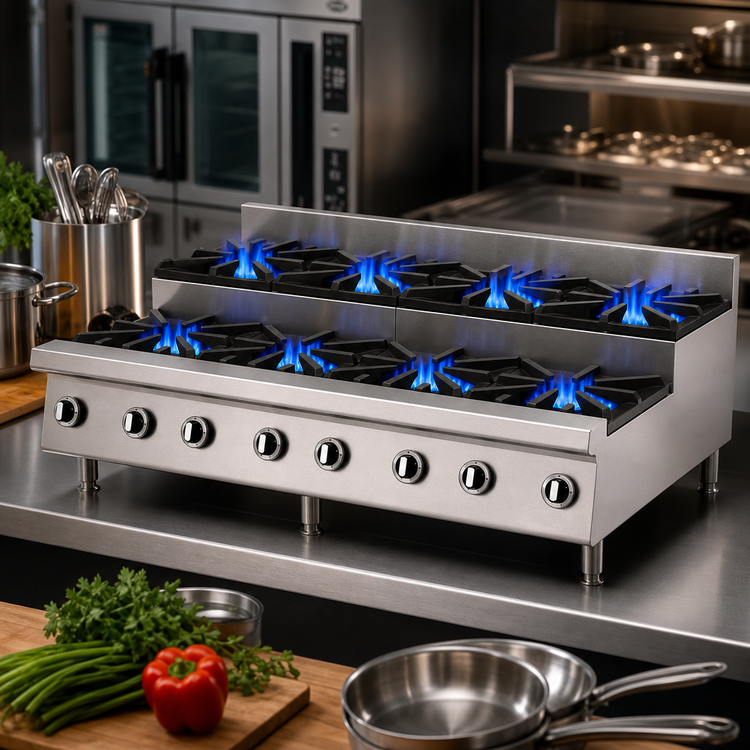 Product image #4 for Garland Starfire 48 Inch Stainless Steel Heavy-Duty Gas Step-Up Hot Plate, 8-Burner Countertop