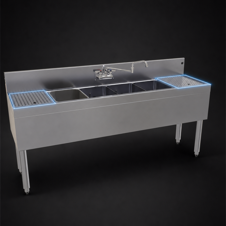 Product image #4 for Glastender 72-Inch Four-Compartment Stainless Steel Underbar Sink Unit with Dual Drainboards and Faucet
