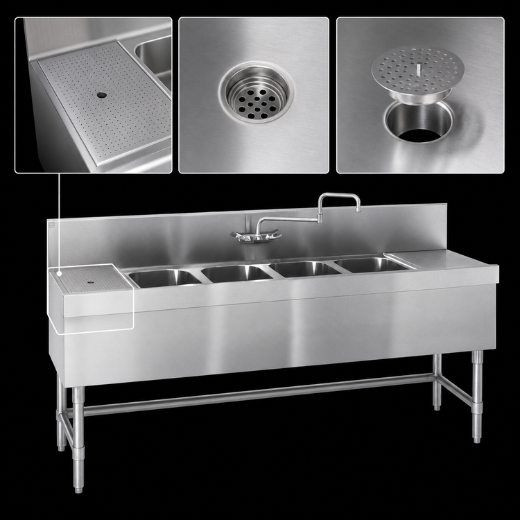 Product image #4 for Eagle Spec-Bar Four-Compartment Underbar Sink Unit with Left Drainboard, 60 x 19 x 37 Inches