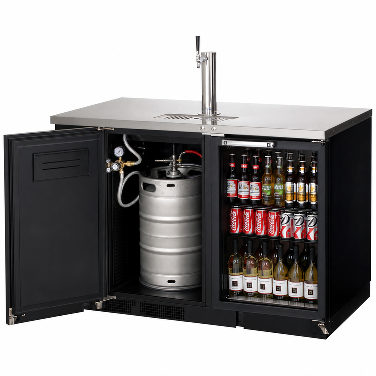 Product image #4 for Everest Refrigeration Two-Section Back Bar Beer Dispenser & Direct Draw Keg Refrigerator Combo, 20 Cu. Ft., Black, with Glass and Solid Hinged Doors