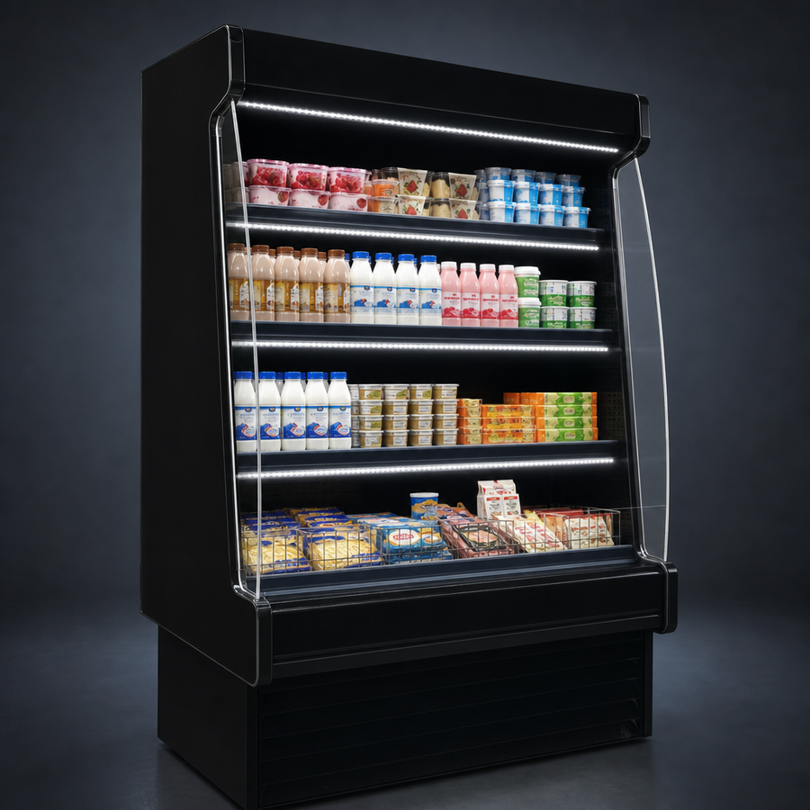 Four Rows Of LED-Lit Shelving