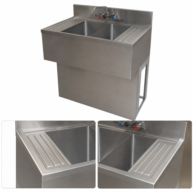 Product image #4 for BK Resources Slim-Line Two-Compartment Underbar Sink with Dual Drainboards and Faucet, 48 Inch Wide