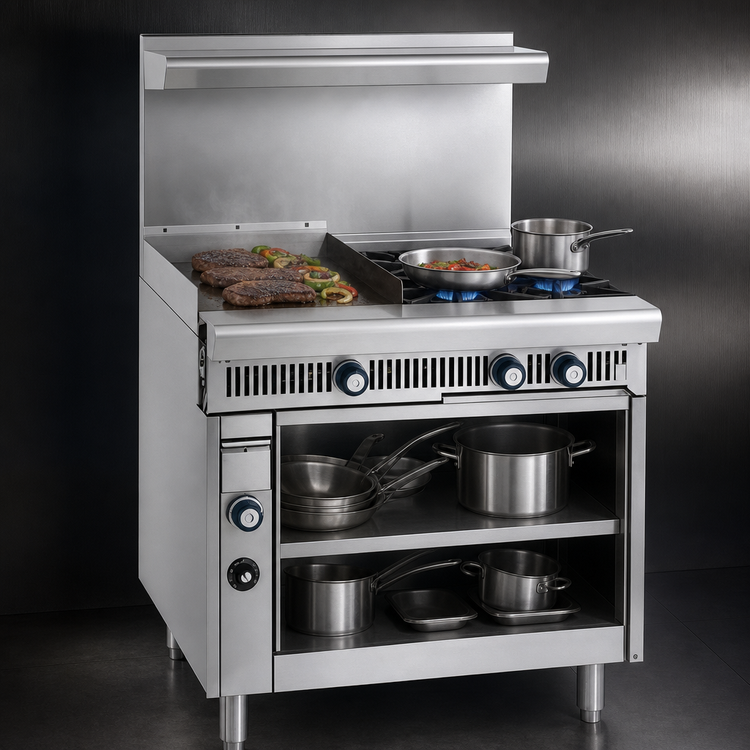 Product image #4 for Imperial Spec Series 36-Inch Heavy-Duty Gas Range with 2 Open Burners, 18-Inch Thermostatic Griddle, and Open Cabinet Base