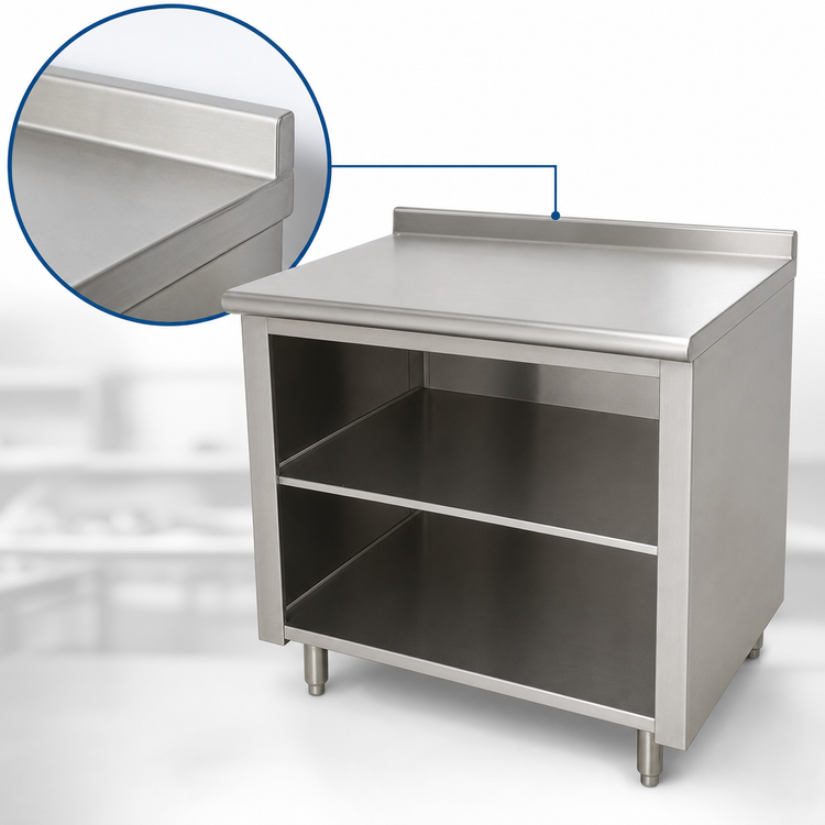Product image #4 for Advance Tabco 36"W x 24"D Open Front Cabinet Base Work Table with 14-Gauge 304 Stainless Steel Top, 1-1/2" Rear Up-Turn, and Mid-Shelf