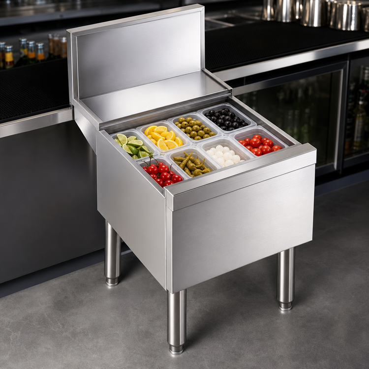 Product image #4 for Top Shelf TSD Series Insulated Stainless Steel Underbar Bottle Storage Bin with 8 Condiment Cups