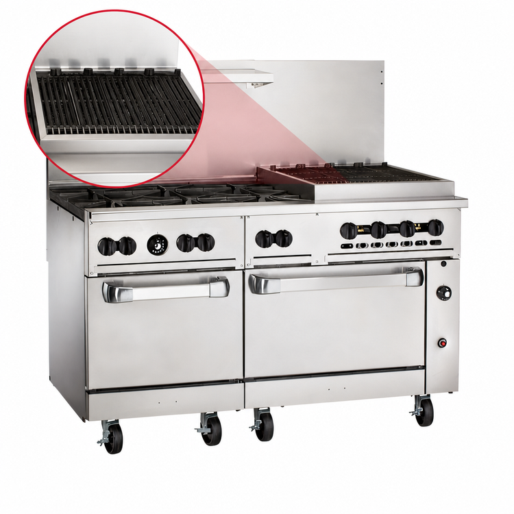 Product image #4 for Vulcan Endurance 60-Inch Natural Gas Commercial Gas Restaurant Range with 6 Open Burners, 24-Inch Charbroiler, Standard Oven and Convection Oven