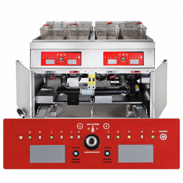 Product image #5 for Vulcan 3ER50AF Three-Battery Electric Floor Fryer with Built-In KleenScreen PLUS Filtration, Solid State Analog Controls, 50 lb. Per Vat