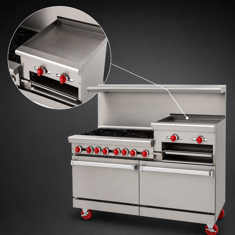 Product image #4 for American Range 60-Inch Gas Restaurant Range with 6 Open Burners, 24-Inch Raised Griddle/Broiler, and 2 Standard Ovens