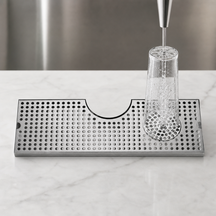 Product image #4 for Surface-Mount Stainless Steel Drip Tray Trough with Integral Glass Rinser and Metropolis T Draft Tower Cutout, 24 x 8.5 Inches