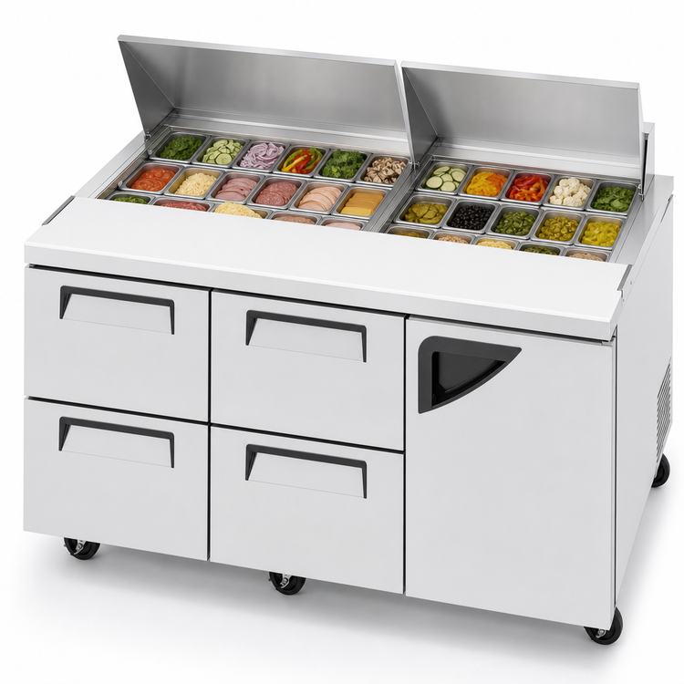 Product image #4 for Turbo Air Super Deluxe 72 5/8-Inch Three-Section Sandwich/Salad Prep Table with 18-Pan Opening, 4 Drawers, and 1 Right-Hinged Door