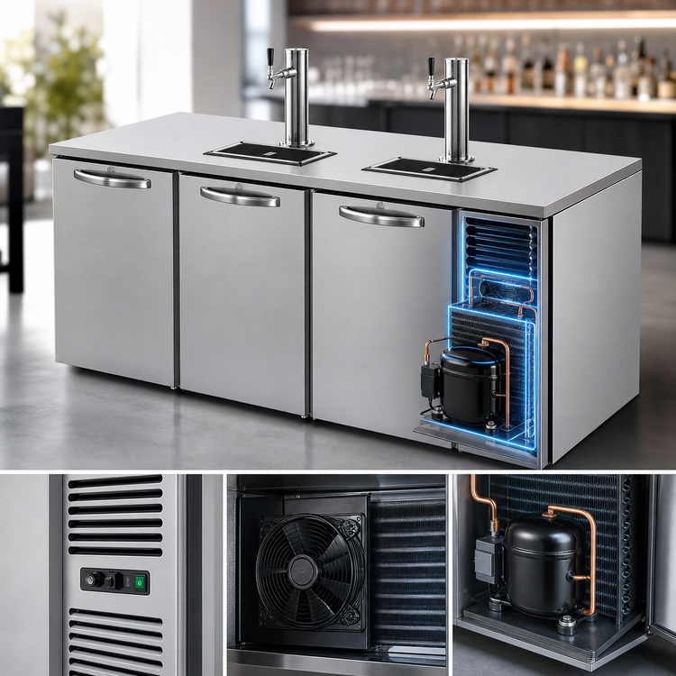 Product image #4 for 84-Inch Three-Section Refrigerated Draft Bar Cooler with Flat Top, Self-Contained