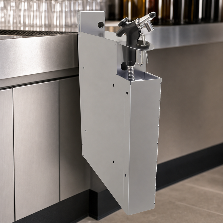 Product image #4 for Extra Deep Underbar Stainless Steel Soda Gun Holder with Integral Drip Pan
