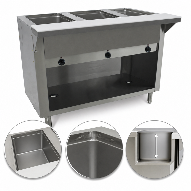 Product image #4 for Advance Tabco Triumph Supreme Electric 3-Well Hot Food Table with Stainless Steel Top and Cutting Board Shelf, 120V
