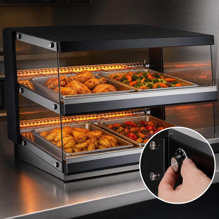 Product image #5 for Omcan Heated Pass-Through Hot Food Display Station, 2-Shelf Full-Service Countertop, 3.6 Cu. Ft., 120V