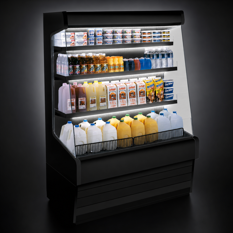 Three Rows Of LED-Lit Shelving