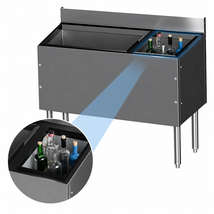 Product image #4 for CHOICE Extra Deep 48-Inch Underbar Combo Ice Bin/Cocktail Unit with Right Bottle Well and 10-Circuit Cold Plate