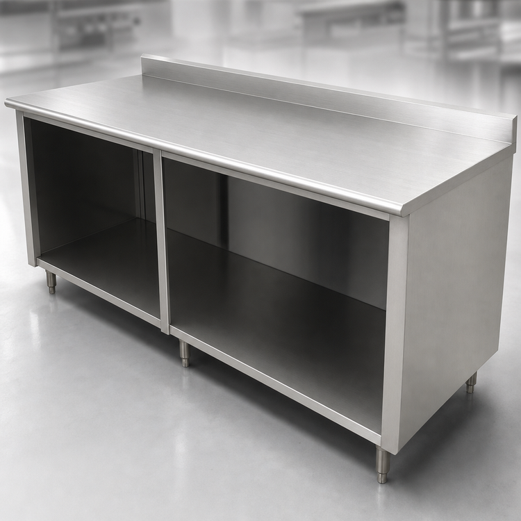 Product image #4 for Special Value Economy Stainless Steel Work Table with Open Front Cabinet Base and 5-Inch Backsplash, 120 Inches x 30 Inches