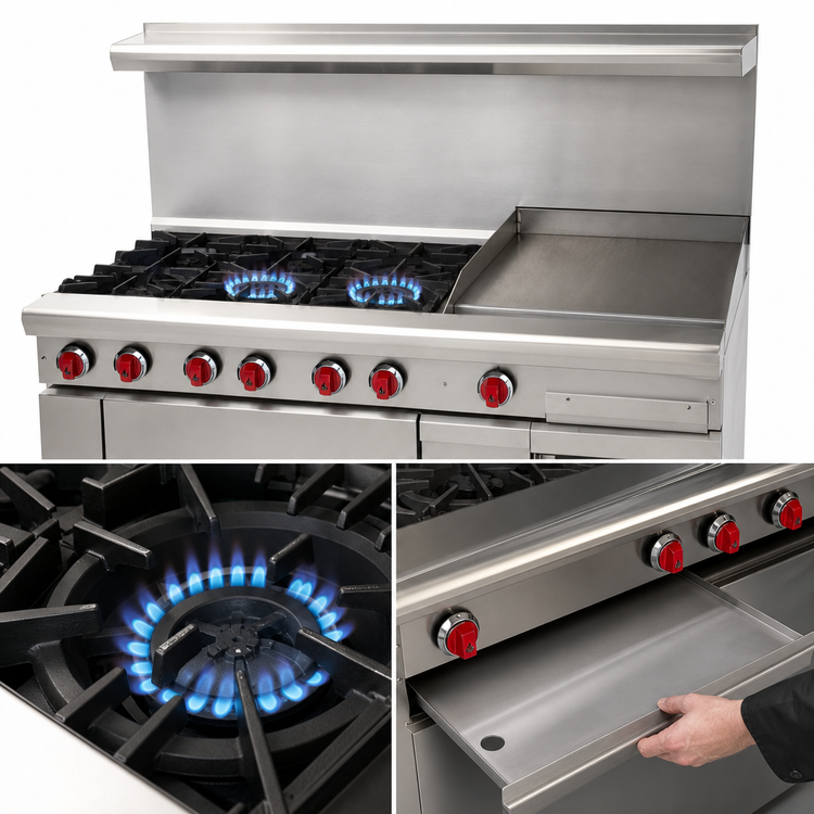 Product image #4 for American Range 48-Inch Green Flame Commercial Gas Range with 36-Inch Manual Griddle, 2 Open Burners, Left Convection Oven, and Right Storage Base