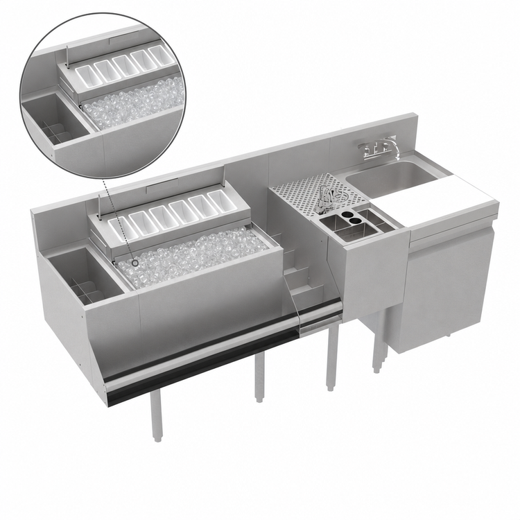 Product image #4 for Krowne Royal Series 70-Inch Stainless Steel Underbar Workstation with 24-Inch Ice Bin and 18-Inch Dump Sink