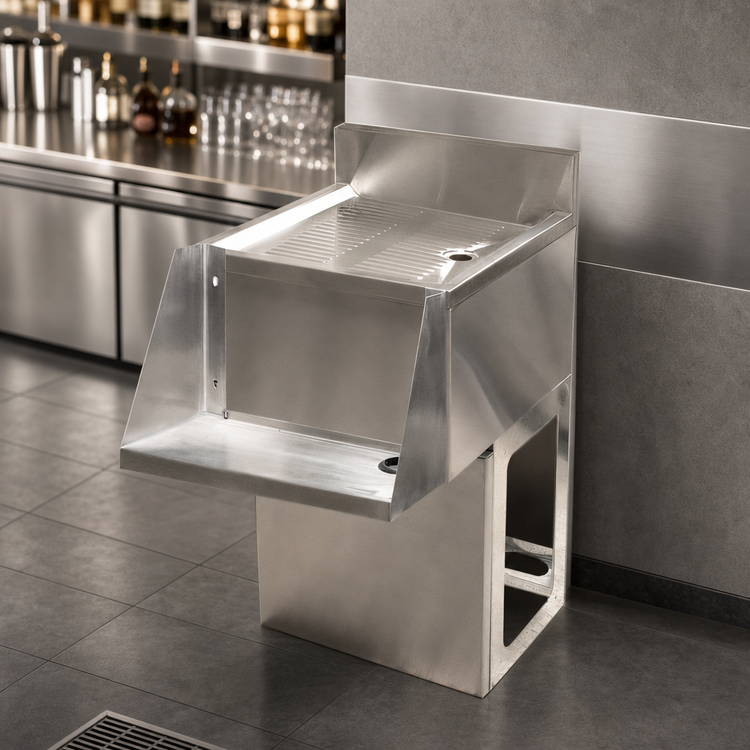 Product image #4 for BK Resources Freestanding Underbar Mixing Station with Drainboard and Add-On Blender Shelf, 12 x 21-1/4-Inch, Pedestal Base