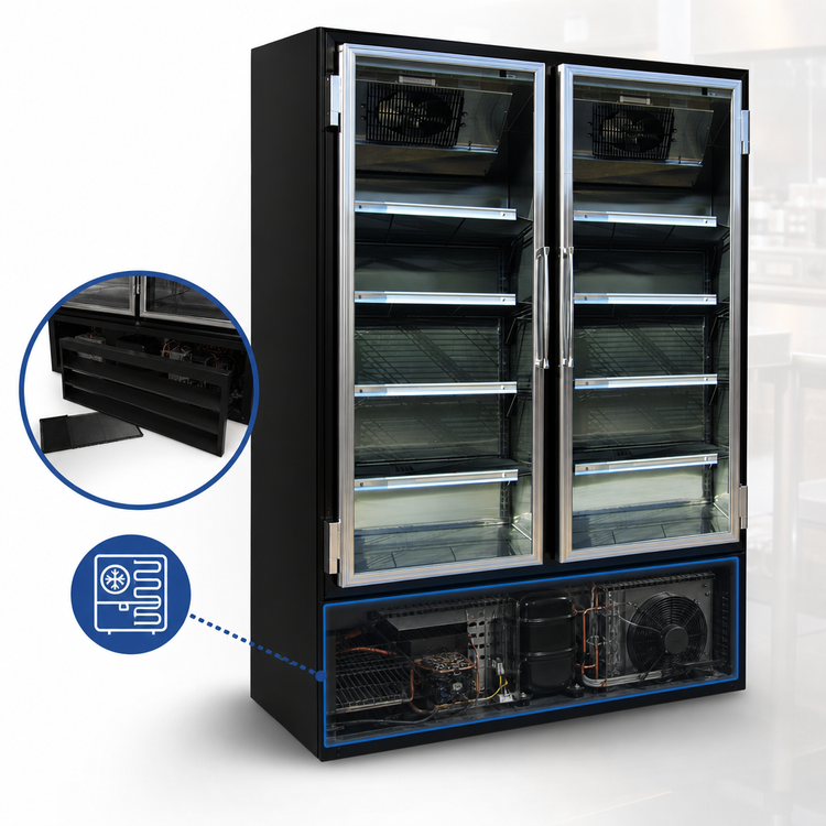 Product image #4 for Howard-McCray 48 Cu. Ft. Two-Section Black Bottom-Mount Glass Door Freezer Merchandiser