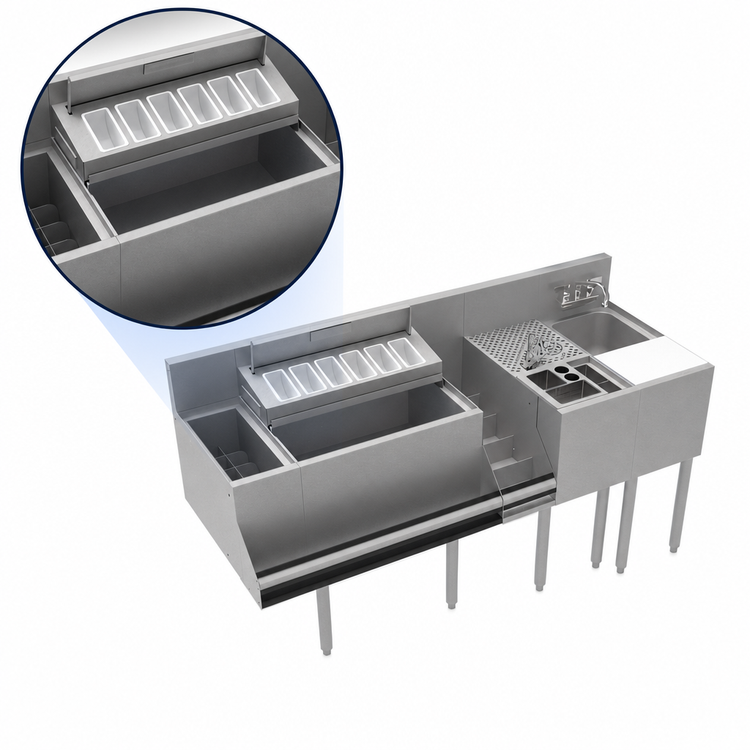 Product image #4 for Krowne Royal Series 64-Inch Stainless Steel Underbar Workstation with Ice Bin, Dump Sink, and Cabinet Below
