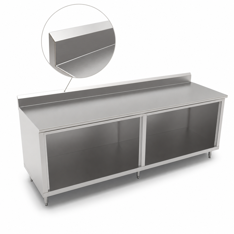 Product image #4 for John Boos 132-Inch W x 36-Inch D Stainless Steel Work Table with Open Front Cabinet Base and 5-Inch Backsplash