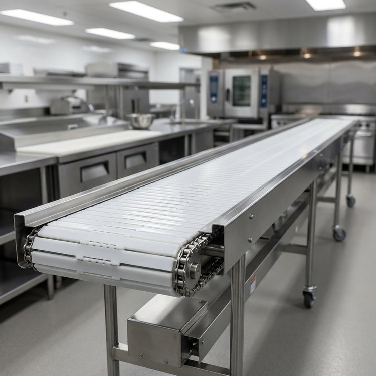 Product image #3 for Dinex DXIESSB16 16-Foot Slat Belt Motorized Tray Make-Up Conveyor