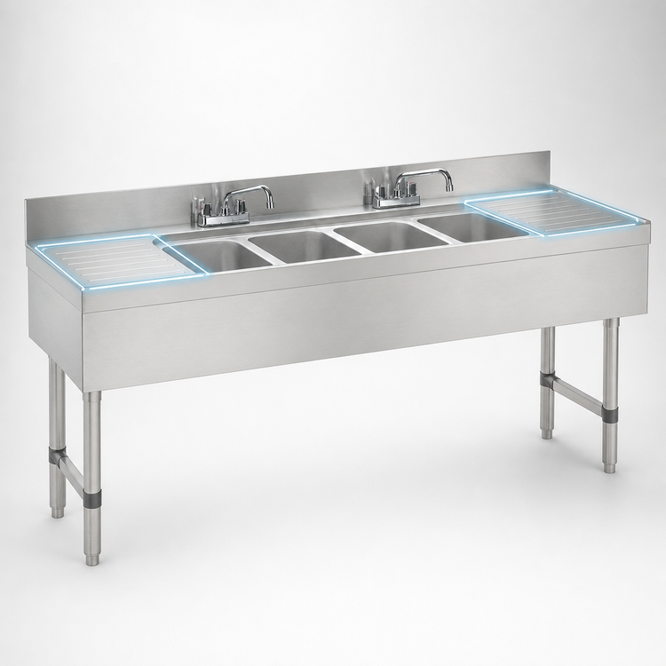Product image #4 for Advance Tabco Underbar Basics 4-Compartment Stainless Steel Deck-Mount Bar Sink with Dual 18-Inch Drainboards, 84 Inch