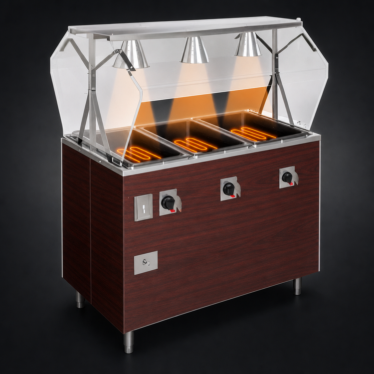 Product image #4 for Vollrath 2-Series Affordable Portable 3-Well Electric Hot Food Station with Buffet Breath Guard and Lights, Cherry Woodgrain Enclosed Base