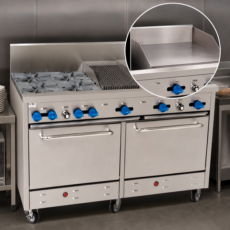 Product image #4 for 60-Inch Stainless Steel Commercial Gas Range with 4 Open Burners, 24-Inch Griddle, 12-Inch Char-Broiler, and 2 Ovens