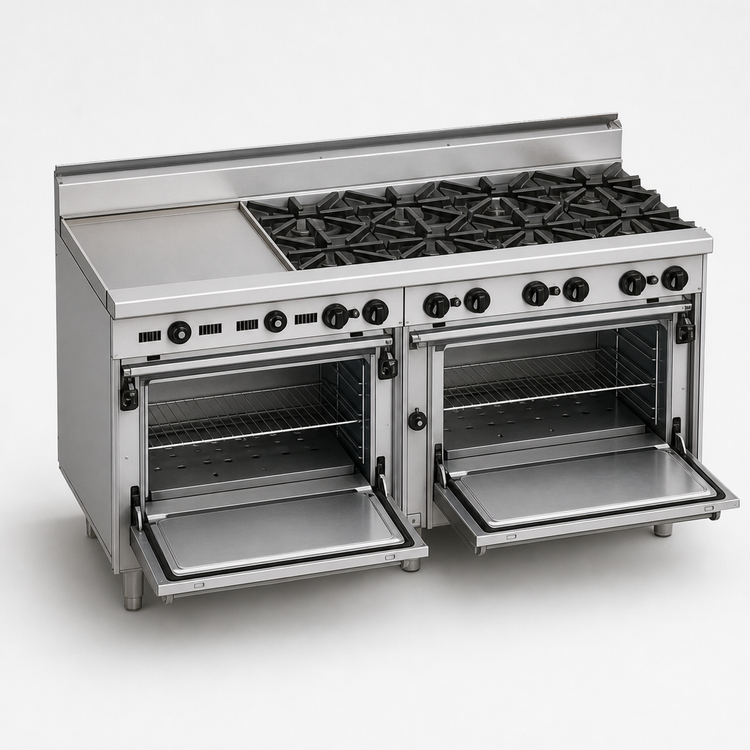 Product image #4 for Bistro 72-Inch Shallow-Depth Heavy-Duty Gas Restaurant Range with 12 Open Burners and 2 Standard Ovens