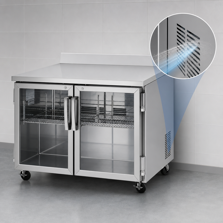 Product image #4 for Turbo Air PRO Series Two-Section Glass Door Worktop Refrigerator, 48-1/4" W, Self-Contained