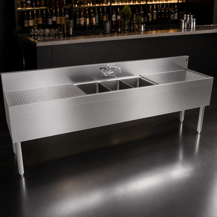Product image #4 for Glastender Three-Compartment Stainless Steel Underbar Sink Unit with Left and Right 30-Inch Drainboards
