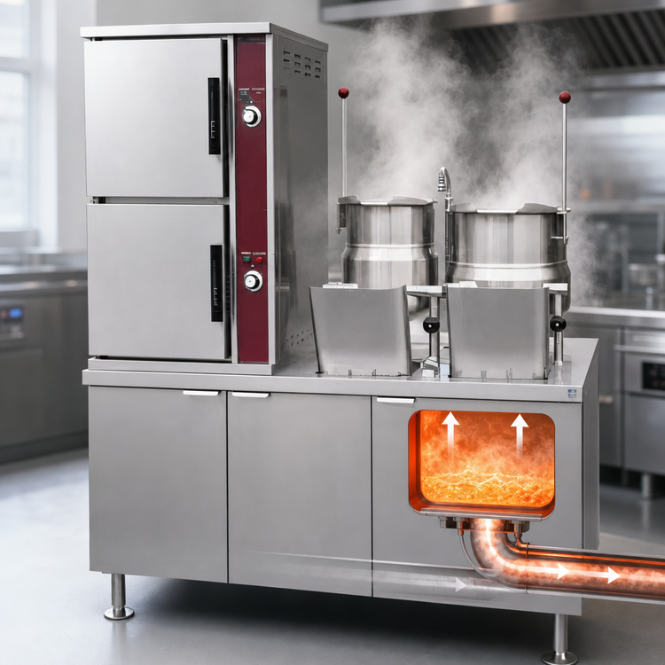 Product image #4 for Crown DCX-2-6-10 Two Compartment Direct Steam Kettle and Convection Steamer with 60 Inch Cabinet Base
