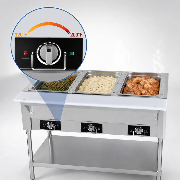 Product image #4 for Serv-Ware 44-Inch 3-Well Open Well Electric Steam Table with Open Shelf Base