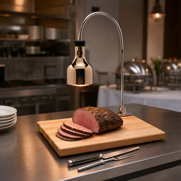 Product image #4 for Cres Cor Countertop Flexible Arm Carving Station with Polished Nickel Hood, Maple Cutting Board, and 250 Watt Infrared Lamp