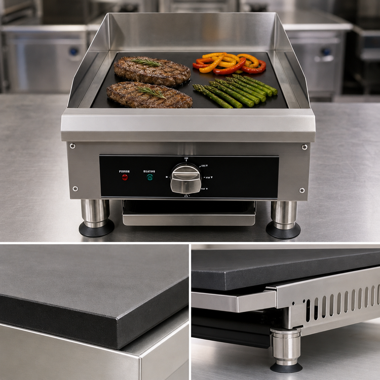 Product image #4 for Omcan USA Electric Countertop Charbroiler/Griddle with Interchangeable Cast Iron Grill and Griddle Plates, 14-Inch Cooking Area, 240V