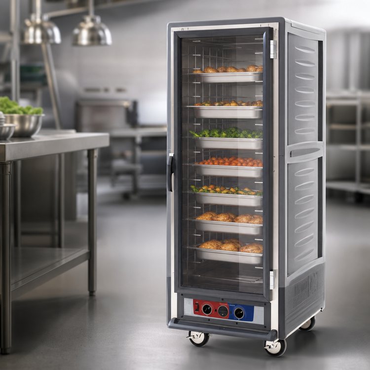 Product image #4 for Metro C5 3 Series Mobile Full-Height Heated Holding Cabinet with Clear Polycarbonate Door, Gray Insulation Armour, and Fixed Wire Slides