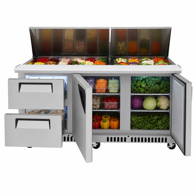 Product image #4 for Turbo Air Super Deluxe 72-5/8-Inch Three-Section Front Breathing Sandwich/Salad Mega Top Prep Table with 30-Pan Opening, 2 Drawers, and 2 Doors