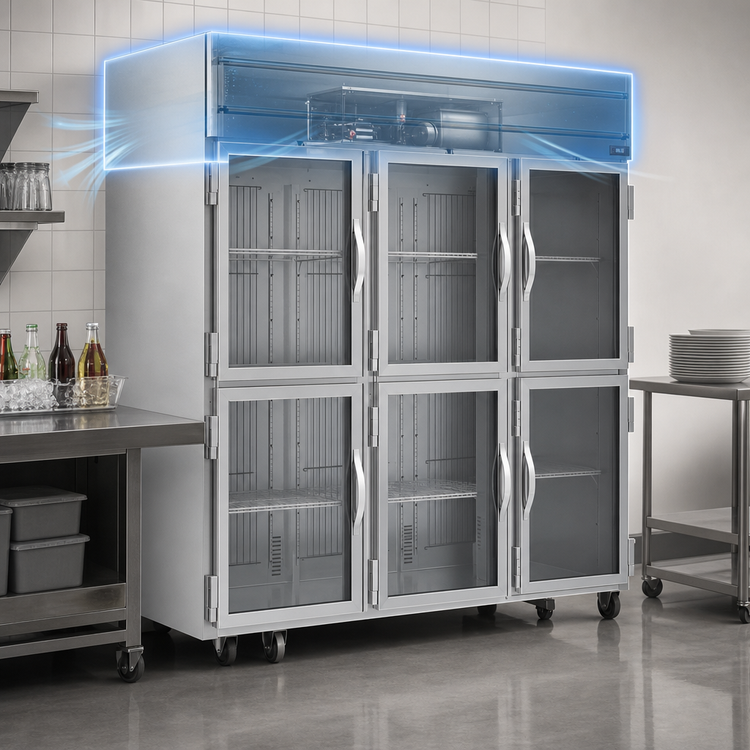 Product image #4 for Beverage-Air Horizon Series 3-Section Top-Mount Self-Contained Half-Glass Reach-In Refrigerator, 71.52 Cu. Ft.