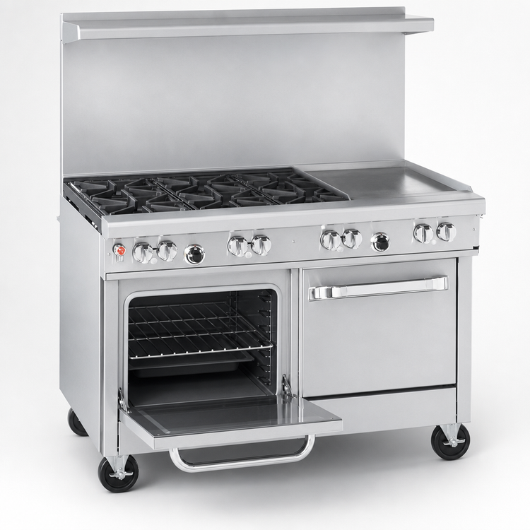 Product image #4 for Southbend Ultimate 48-Inch Gas Restaurant Range with 2 Star/Sauté Burners, 2 Non-Clog Burners, 24-Inch Griddle, Standard Oven, and Cabinet Base