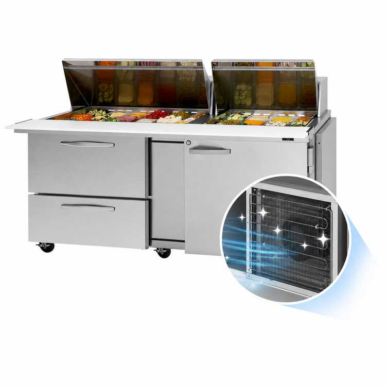 Product image #5 for Turbo Air PRO Series 72-5/8-Inch Wide Self-Contained Mega Top Sandwich/Salad Prep Table with 2 Drawers, 1 Door, and 30-Pan Top